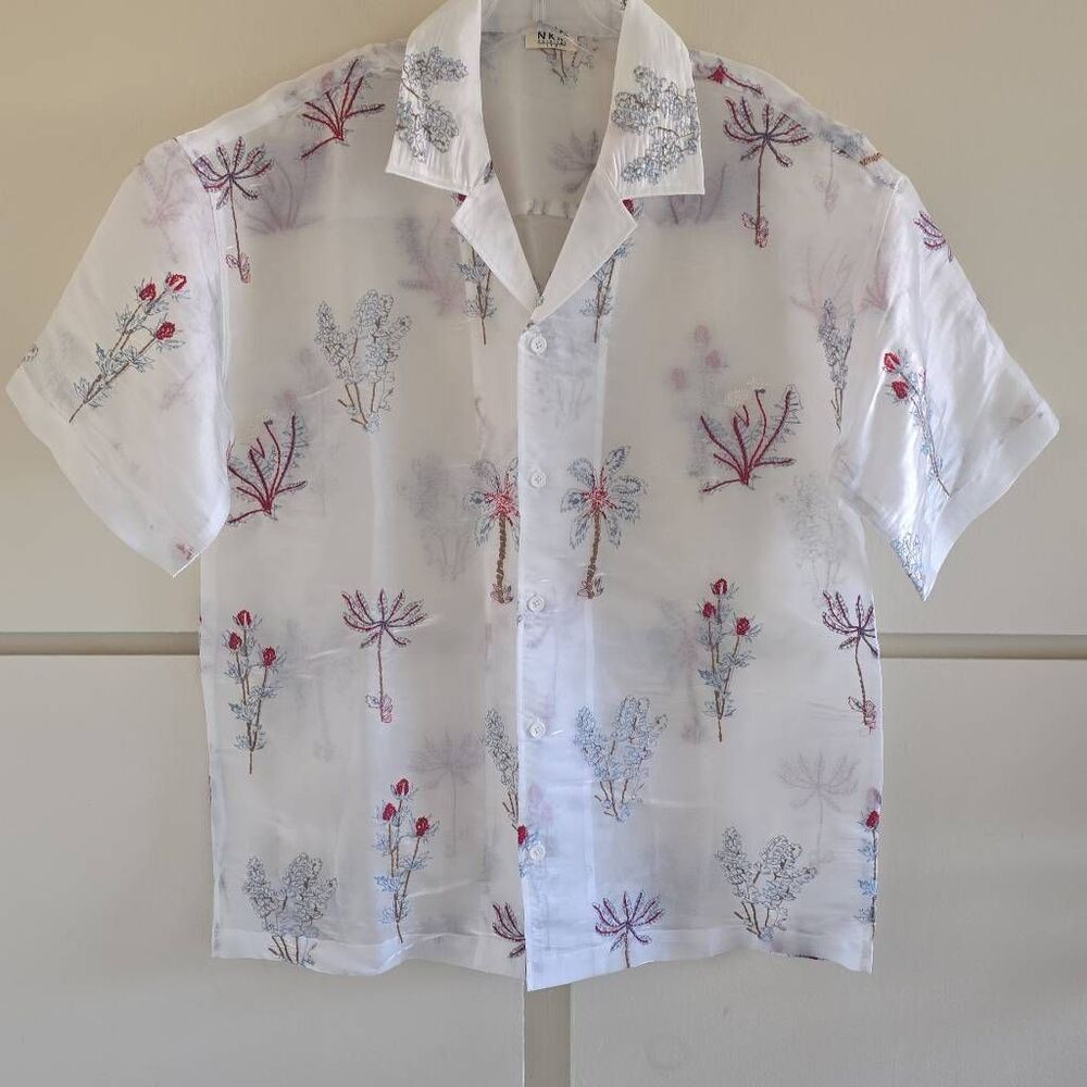 NKM Holdings Unisex Sheer White Organza Embroidered Hawaiian Shirt, NWOT, XL